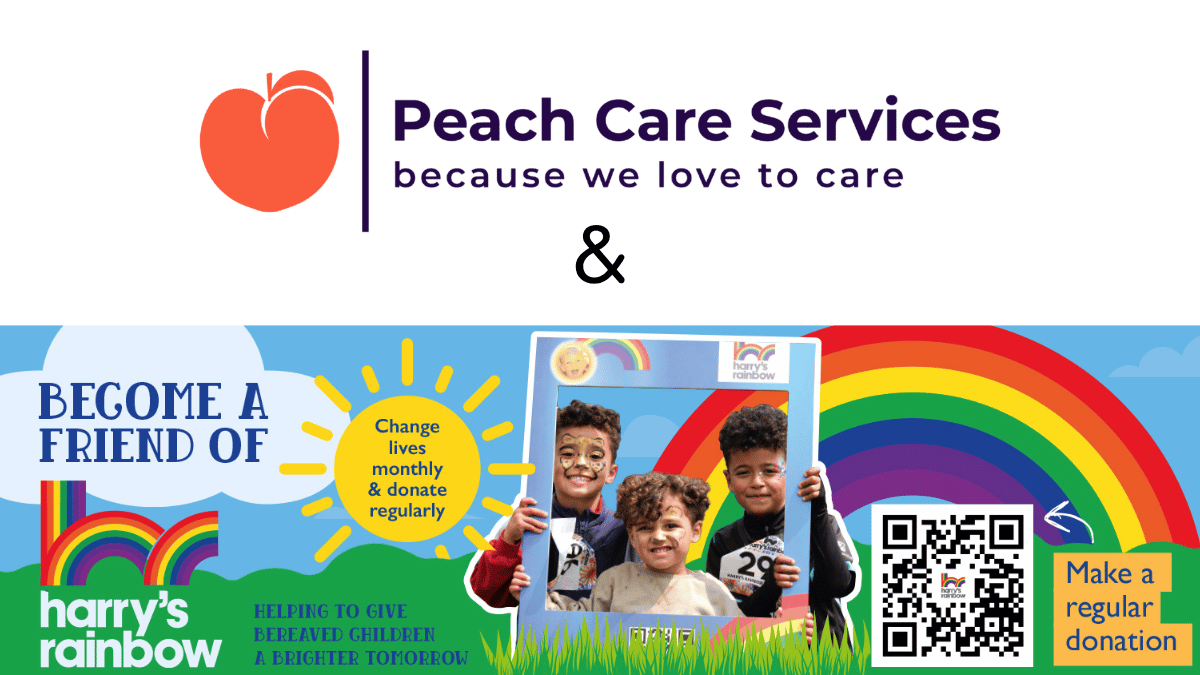 Co-branded banner featuring the Peach Care Services logo alongside the Harry's Rainbow charity logo, announcing their official partnership.