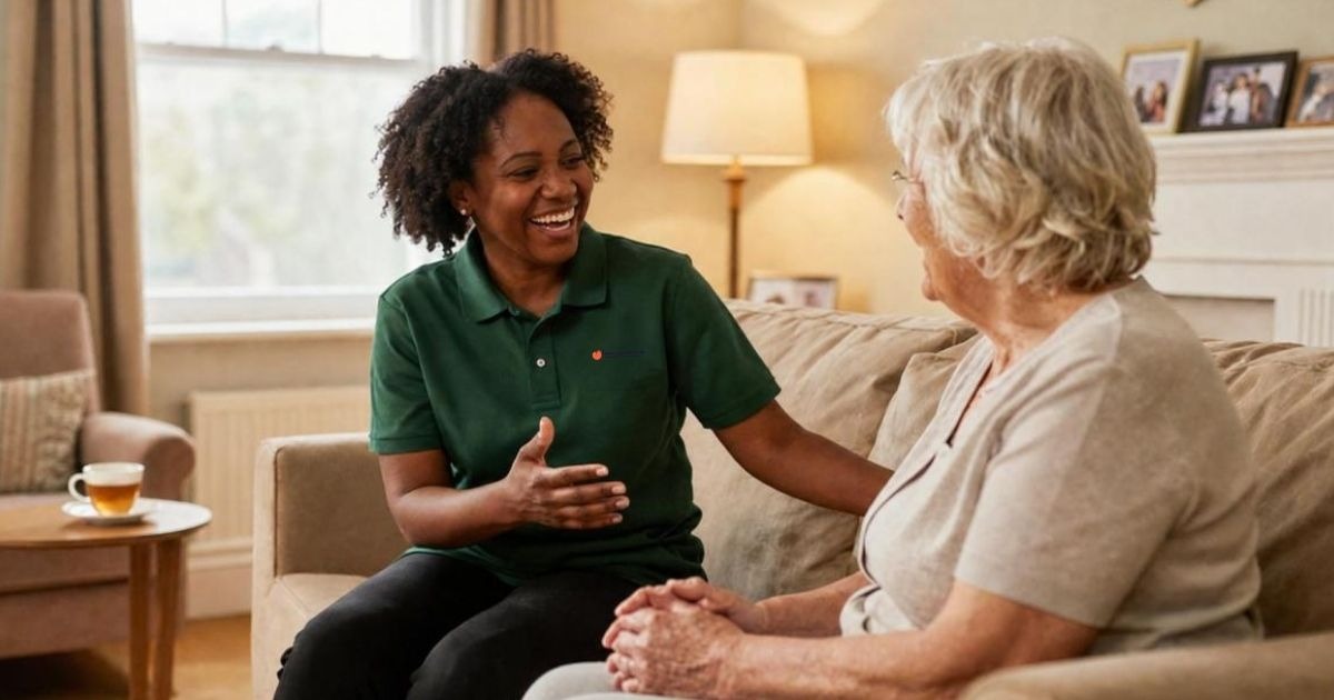 A Peach Care Services professional supporting a client, illustrating the benefits of home care vs care home in Milton Keynes.