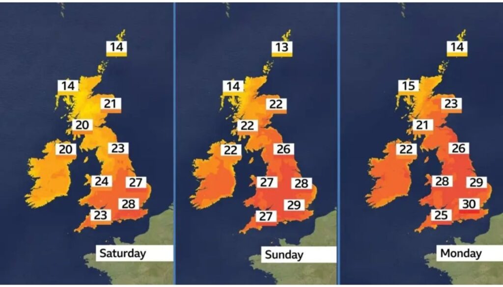 Navigating a UK Heat-Health Alert: Protecting Vulnerable Adults and Children in Hot Weather 1 BBC Weather forecast map showing maximum temperatures reaching 30 degrees in the UK over the weekend during a heat-health alert.