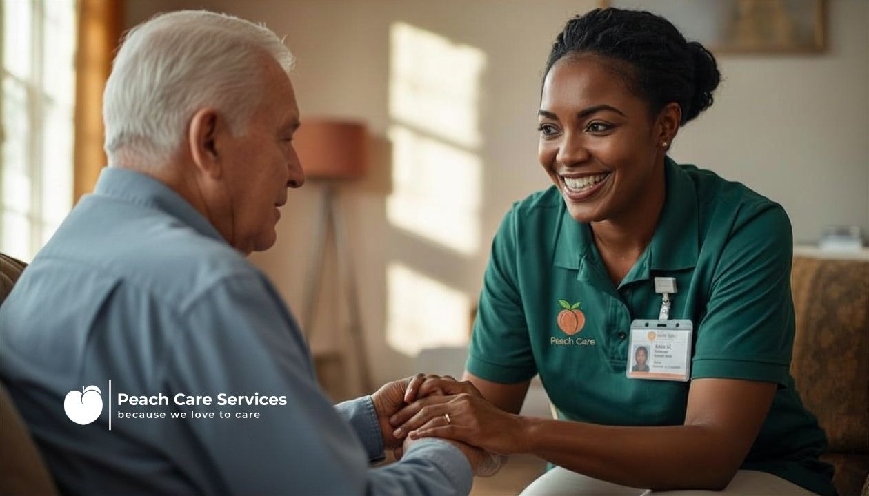 A professional Peach Care Services worker wearing an ID badge providing compassionate and safe care to an older adult at home.