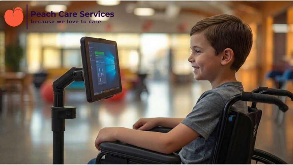 A smiling young boy in a wheelchair happily using an assistive technology tablet, highlighting inclusive child care in Milton Keynes.