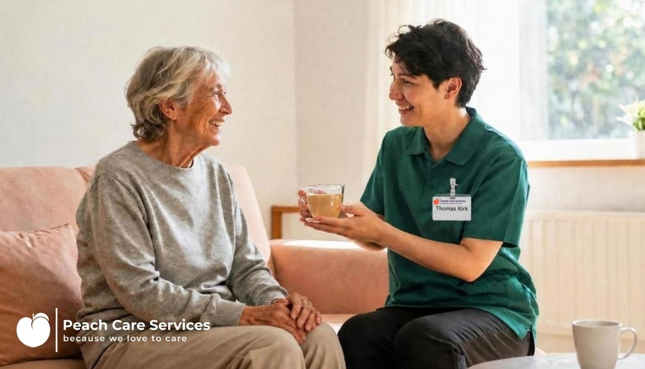 A smiling care worker named Thomas handing a cup of milky tea to a happy elderly woman sitting on a peach sofa, representing trusted dementia care in Milton Keynes.