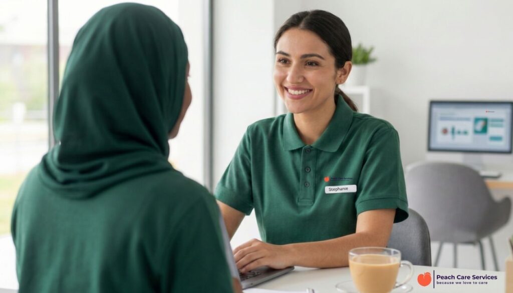 A Standard of Excellence: Inside Peach Care’s Industry-Leading Staff Training Programme 1 A trainer providing 1-on-1 mentoring and digital care staff training at Peach Care Milton Keynes.