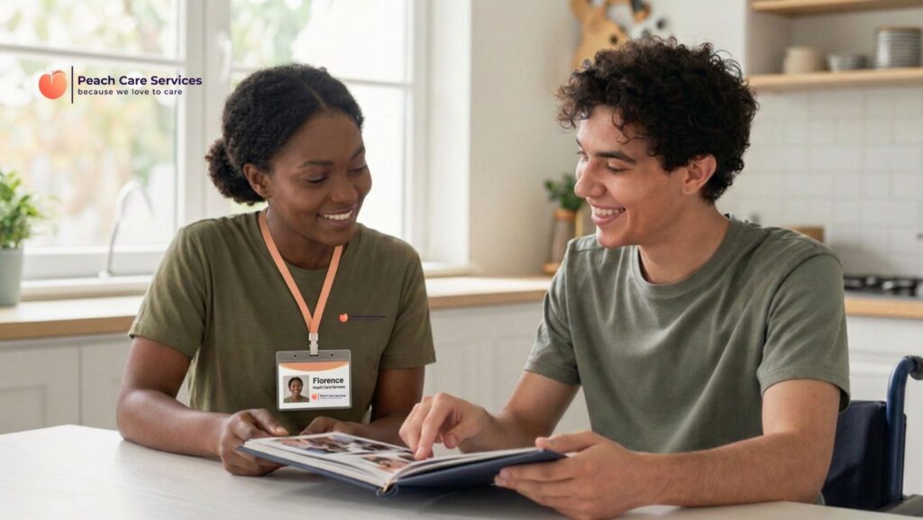 Understanding Learning Disabilities in the UK: A Guide to Rights, Support, and Care in Milton Keynes 1 A smiling Peach Care Services caregiver in Milton Keynes looking at a photo album with a young adult, providing dedicated learning disability support.