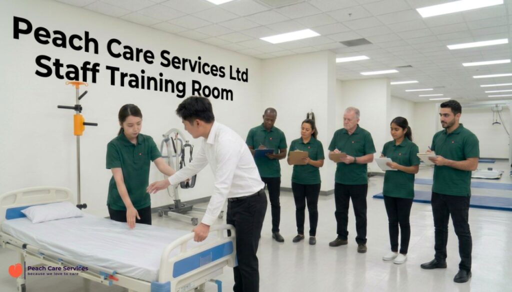 A Standard of Excellence: Inside Peach Care’s Industry-Leading Staff Training Programme 2 A group of care workers observing practical moving and handling care staff training at Peach Care Milton Keynes.