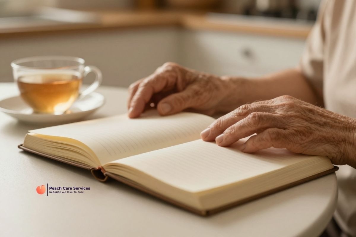 Close-up of an older person's hands resting on an open blank journal next to a cup of tea on a table, featuring the Peach Care Services logo in the corner.