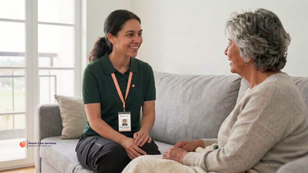 Shining a Light on Sickle Cell Disorder: Awareness, Empowerment, and Specialised Home Care in Milton Keynes 1 A friendly Peach Care Services care worker in Milton Keynes smiling and talking with a client resting under a warm blanket, representing our specialist home care for Sickle Cell Disorder.