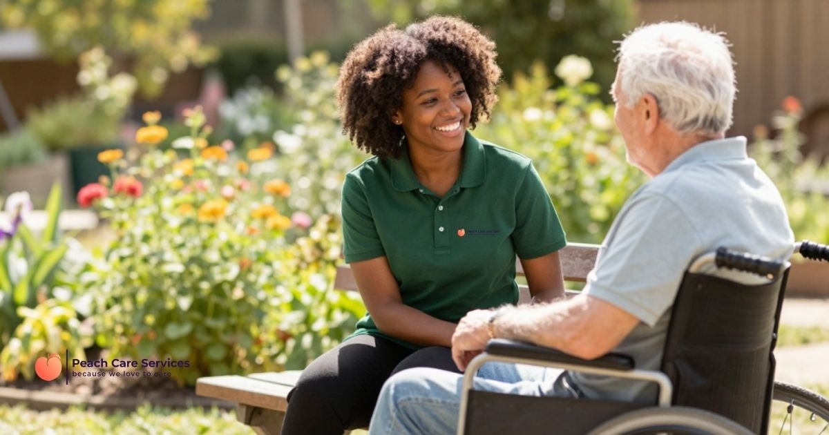 Embracing Disability Pride Month: Celebrating Identity, Challenging Stigma, and Delivering Outstanding Care 1 A smiling Peach Care Services carer sitting on a garden bench, happily chatting with an older man in a wheelchair, representing inclusive and respectful care.