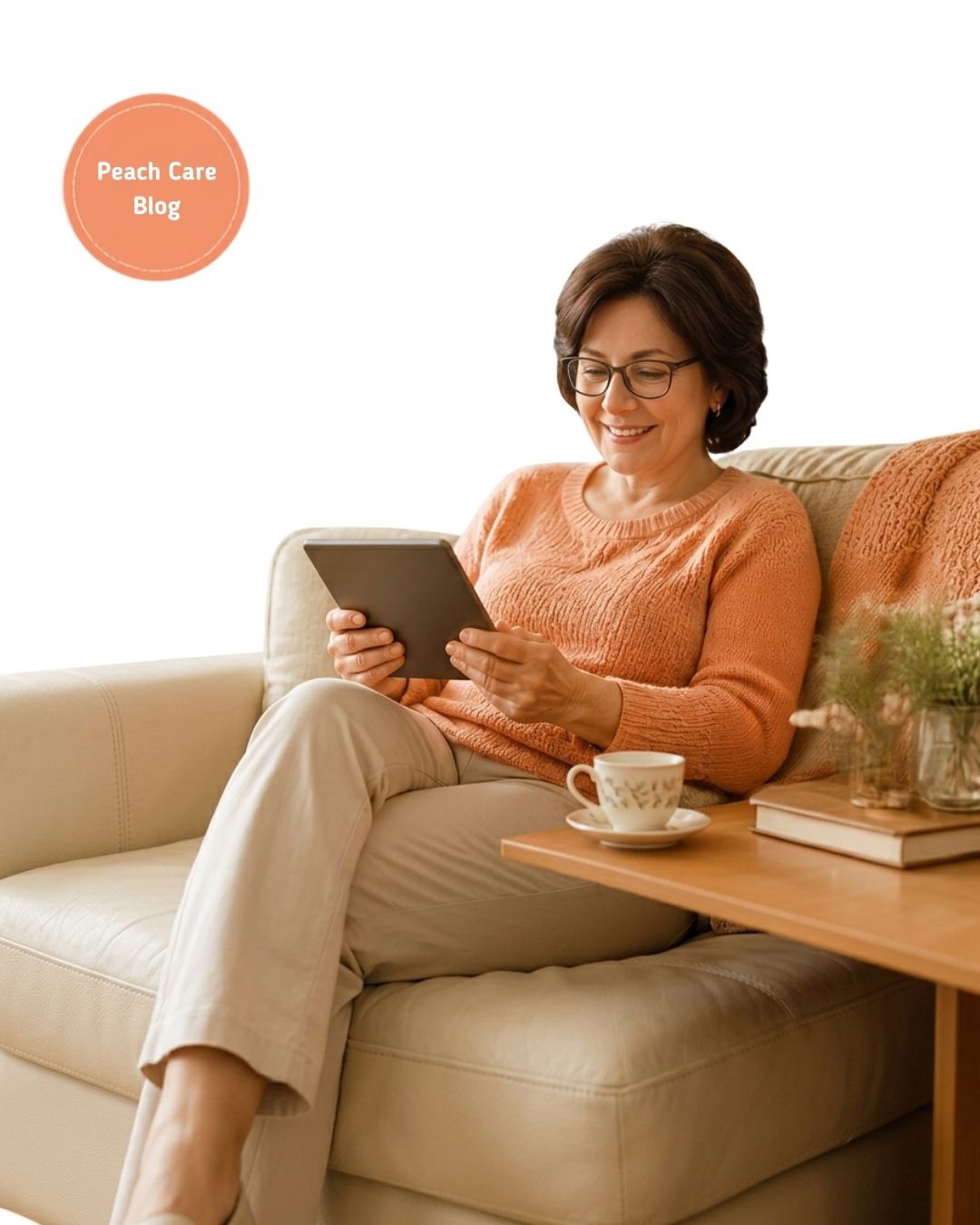 A smiling woman sitting comfortably on a couch reading a tablet with a cup of tea nearby, next to a badge that says Peach Care Blog.