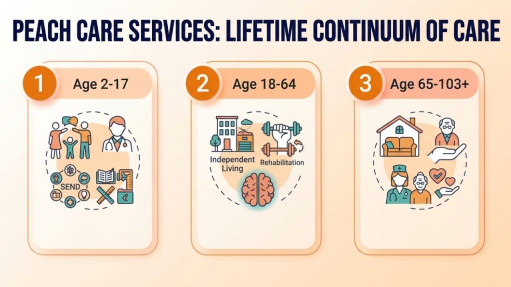Home Care In Milton Keynes - About Peach Care Services 1 Infographic titled 'Peach Care Services: Lifetime Continuum of Care' showing three stages of support. Stage 1: Age 2-17, featuring icons for family, healthcare, education, and SEND. Stage 2: Age 18-64, featuring icons for Independent Living, Rehabilitation, and cognitive health. Stage 3: Age 65-103+, featuring icons for senior home care, nursing, and compassionate elder support.
