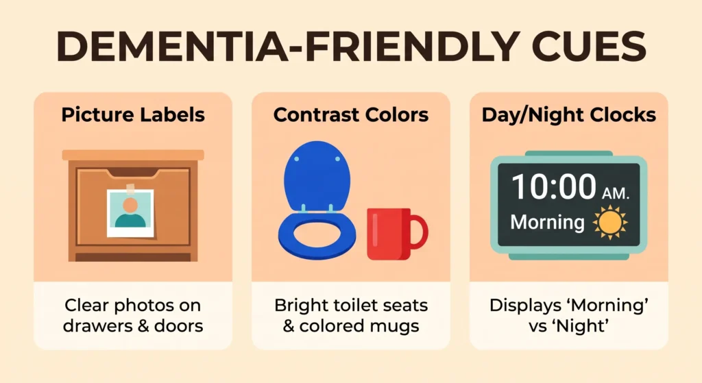 Mind the Gap (and the Swirling Carpet!): A Practical Guide to Creating a Dementia-Friendly Home 1 Infographic showing 3 dementia friendly cues including picture labels on drawers, high contrast toilet seats and mugs, and day night clocks