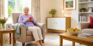 Newsletter 1 An elderly woman sitting comfortably in a bright dementia friendly home living room holding a red mug