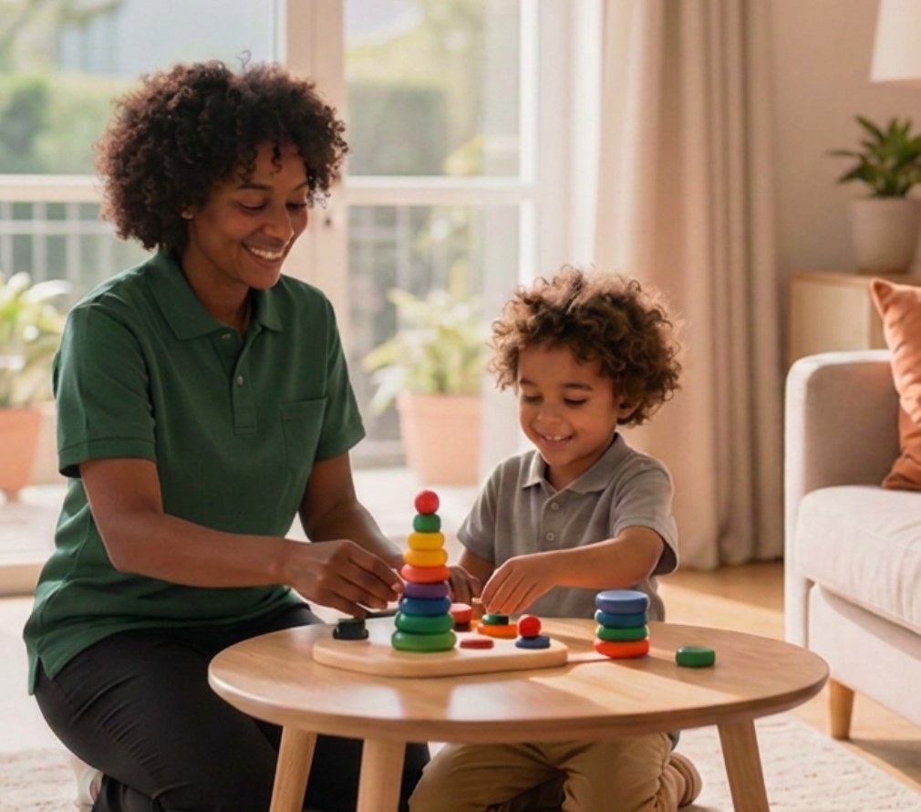 A Peach Care carer playing a stacking game with a young boy at home